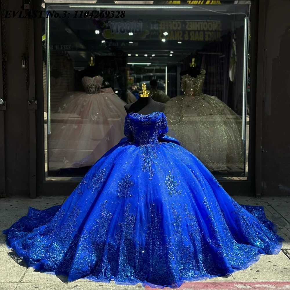 EVLAST Customized Mexico Royal Blue Quinceanera Dress Ball Gown Sequins Applique Beading Bow Sweet 16 Vestidos De 15 Anos E3Q152