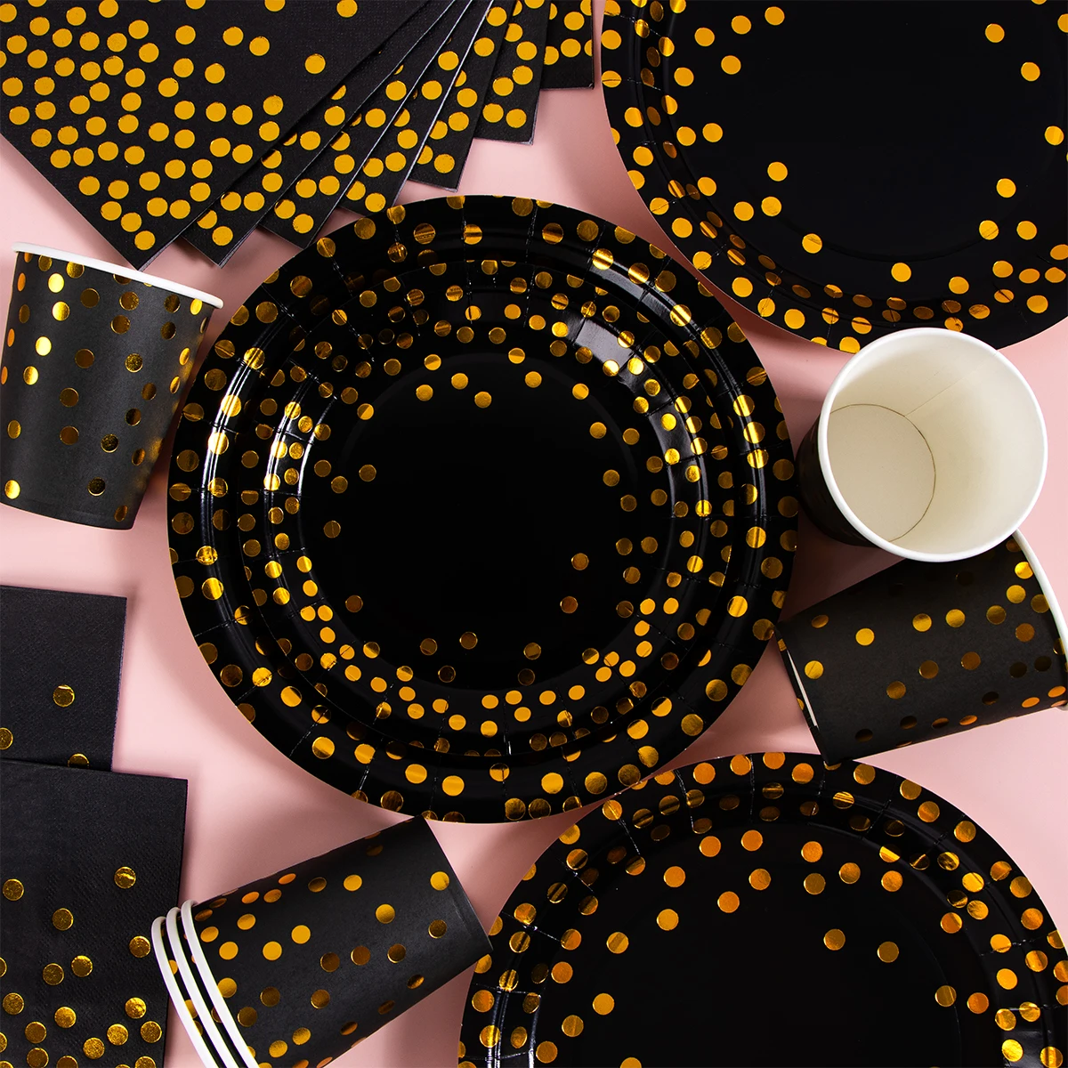 75PCS Gold polka Dots Black Background Disposable Tableware Set Paper Plates Napkins for Party Supplies Kitchen Tableware