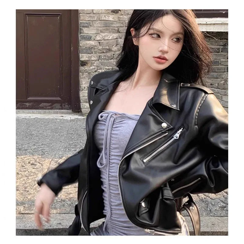 

New 2026 Spring Autumn Annals Women's Leather Jacket Black Suit Collar Women's Moto Biker Zipper Jacket New Leather Jacket Woman