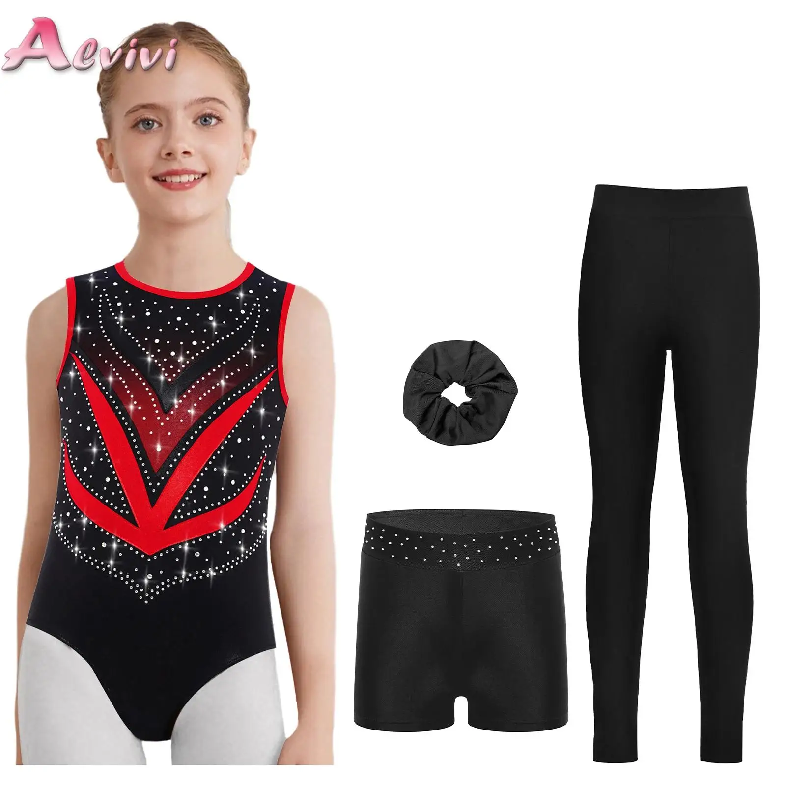 

4Pcs/Set Kids Girls Gymnastics Jersey Ballet Outfit Sleeveless Cutout Rhinestones Leotard with Shorts Leggings and Hairband Sets