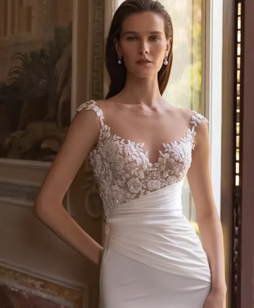 エレガントなサテンのウェディングドレスマーメイドスクープドレープ取り外し可能なトレイン花嫁ウエディングドレスレースアップリケブライダルドレスカスタマイズ