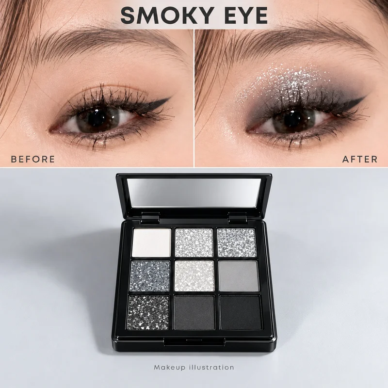 ErshiQi 9 Colors Smoky Silver Eyeshadow Palette Black Grey Glitter Shimmer Matte Eye Shadow High Pigment Blendable Makeup Looks gallery 1