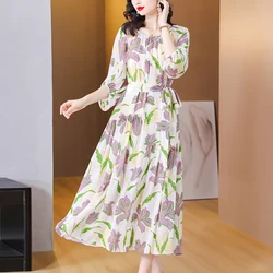 Spring And Summer 2024 New Mulberry Silk Satin Dress O-Neck Long-Sleeved Japanese Floral Waist Show Travel Large Size Clothes