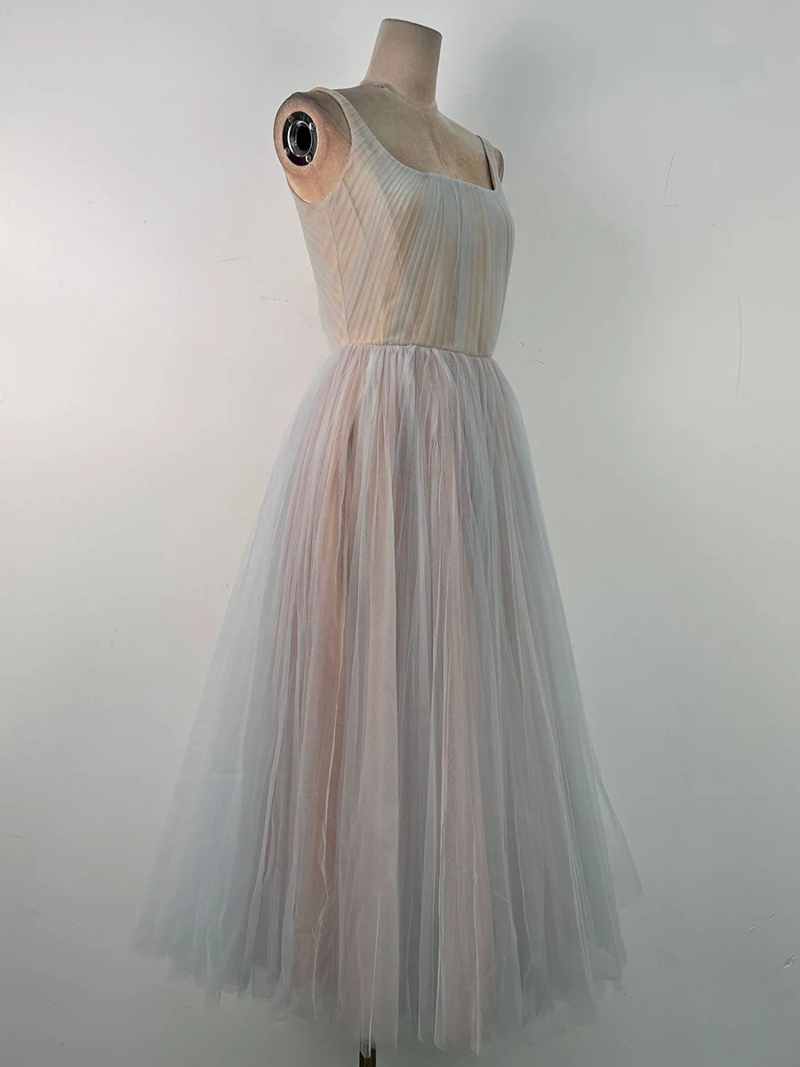 VGH Elegant Fresh Gradient Slimming Dresses For Women Square Collar Sleeveless High Waist Sweet Long Dress Female Fashion New