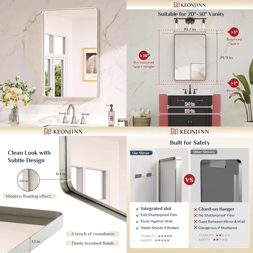 

Keonjinn 20 x 30-дюймовые зеркала для ванной комнаты из матового никеля над раковиной, закругленное прямоугольное серебряное зеркало для ванной комнаты, фермерский дом
