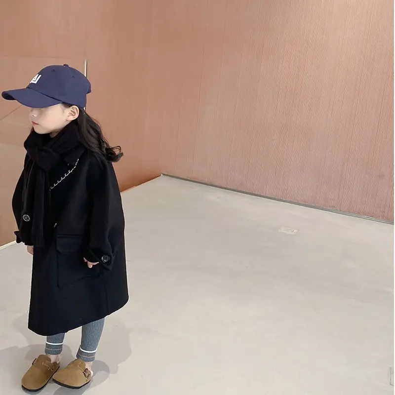 Girls Coat Korea Style Children Clothing 2025 Autumn and Winter New Lapel Long Trench Fashion Thickened Double-sided Tweed Coat