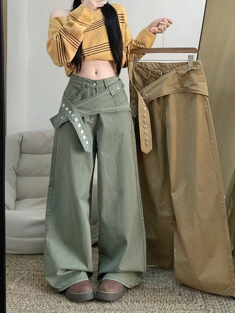 2026 Trend Y2K Style Patchwork Strap Vintage Green Baggy Stacked Jeans Pants For Woman Clothing Casual Cotton Lady Long Trousers