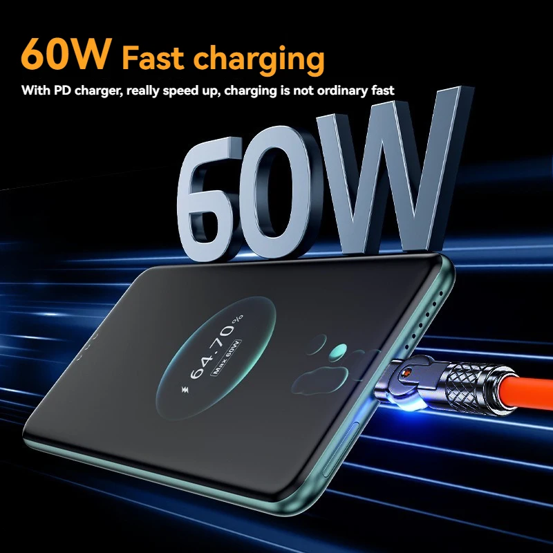 كابل USB C إلى النوع C للشحن السريع للغاية 60 وات PD، دوران كوع 180 درجة لمزامنة البيانات المتوافقة مع أجهزة الكمبيوتر المحمولة Samsung Huawei #3