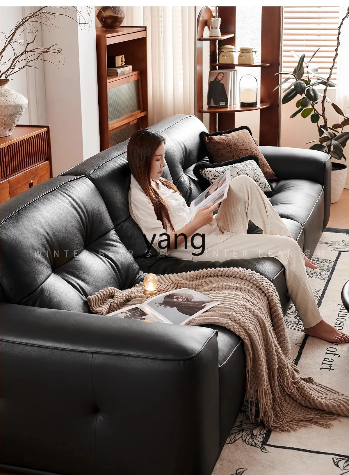 LTT black King Kong sofa living room straight row antique retro big black cow tofu block leather sofa