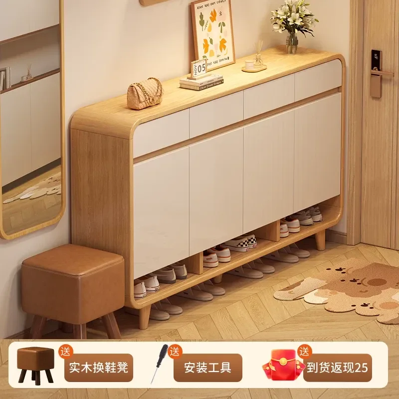 Large Capacity Solid Wood Shoe Cabinet Multi Layer Indoor Storage Locker for Home Entrance Wall Mounted Integrated Design