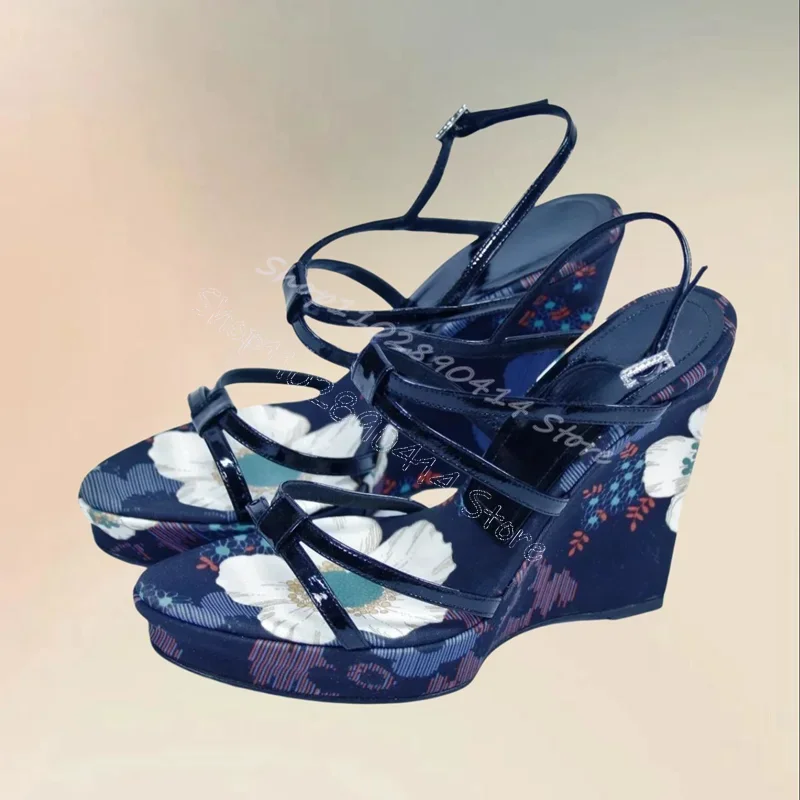 Blue Floral Print Wedges Heel Strappy Sandals Ankle Buckle Strap Women Shoes Open Toe Novel Party Feast 2026 Zapatos Para Mujere