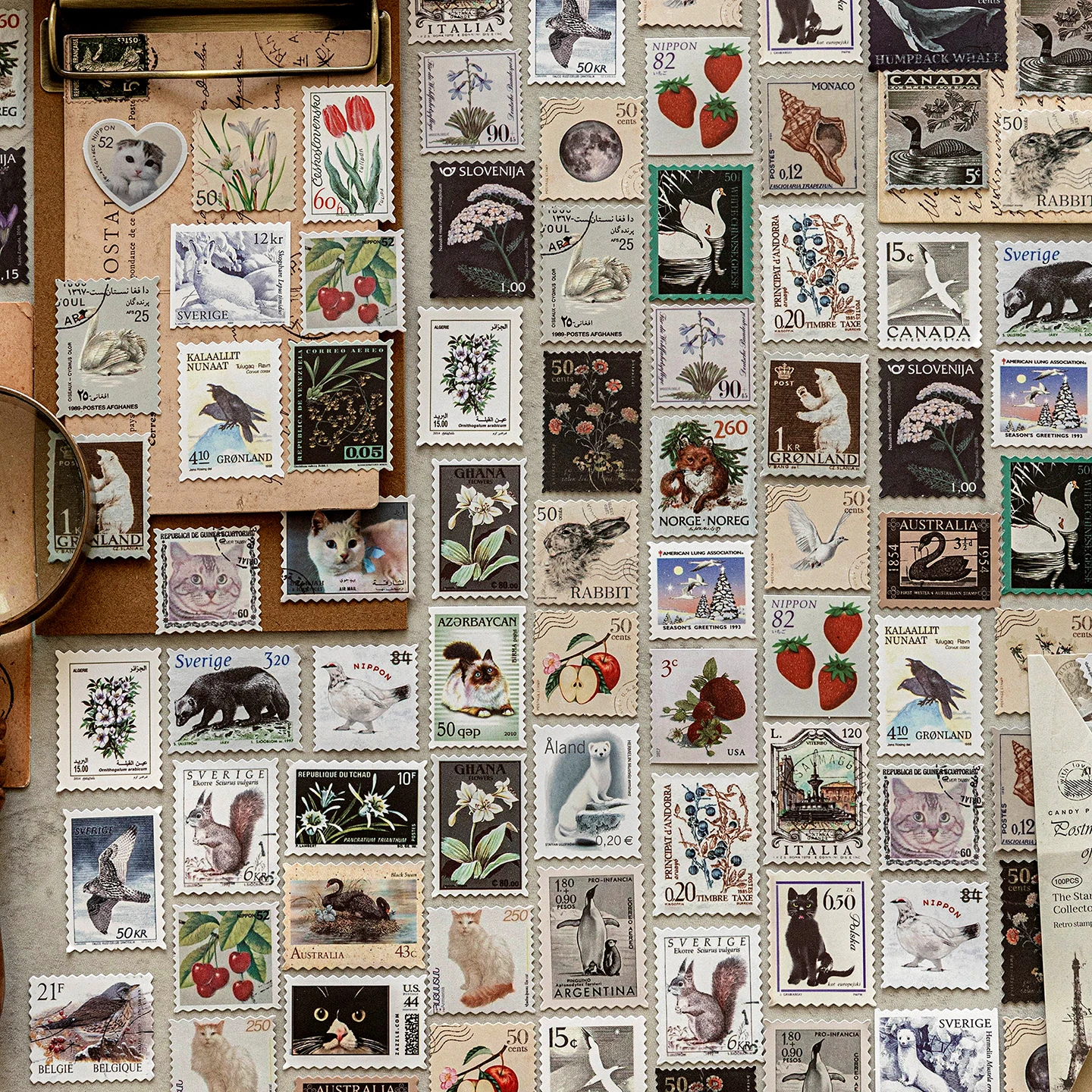 100 Stamp Stickers with High Aesthetic Value, Vintage Plant and Animal Decorative Patterns, Suitable for Journals, Phone Cases, DIY Materials