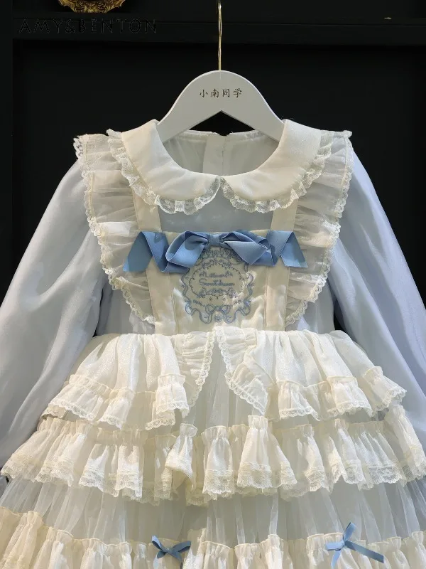 

Kids' Spring Autumn Long-Sleeve Blue White Lace Tiered Lolita Dress Ruffled Princess Party Gown with Bow Fresh and Elegant Style