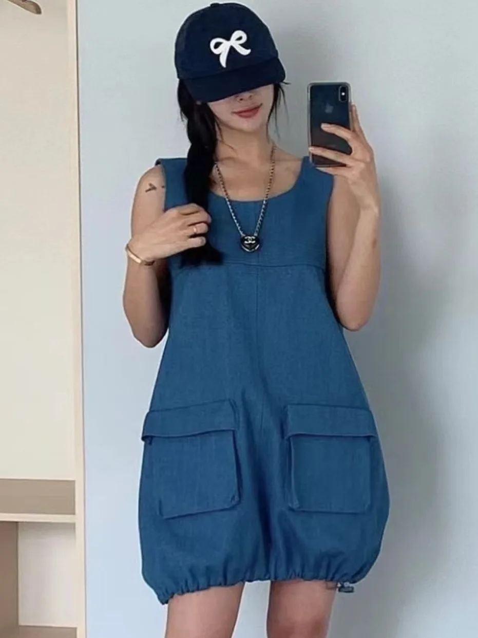 Vestido vaquero e Vintage de verano con cuello redondo y diseño de bolsillo, ceco sin mangas con cordón, Falda cort...