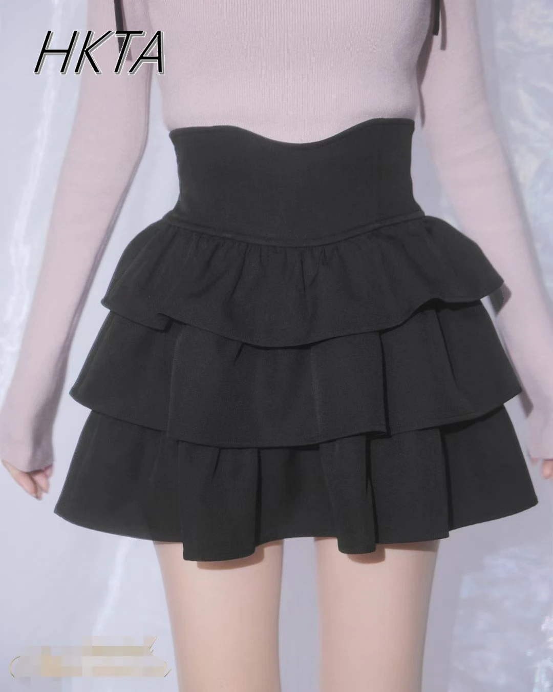 Japanese Lolita Commuter Three Layer Cake Black Skirt Women Summer Big Skirt Waist A Line Ruffle Edge Pleated Short Mini Skirt