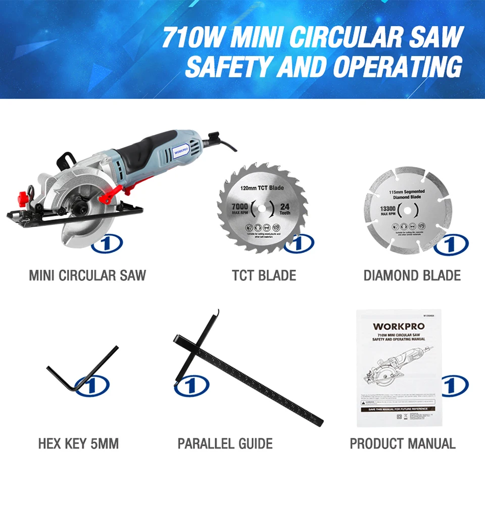 WORKPRO Electric Mini Circular Saw 710W Multifunctional Electric Saw With TCT Blade and Diamond Blade Sawing Machine Power Tools