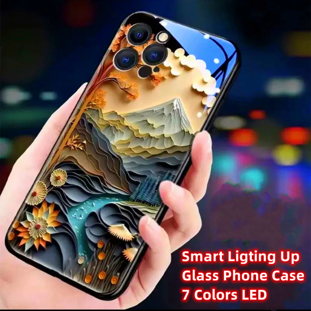 Pretty Mountain Scenery Design Smart LED Light Glow Tempered Glass Phone Case For Samsung S26 S25 S24 S23 S22 S21 S20 Plus Ultra