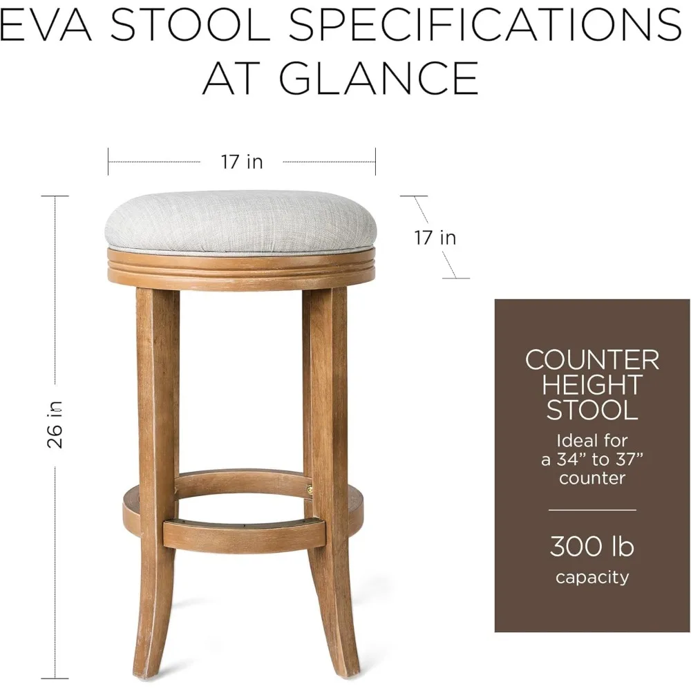 Banco de balcão giratório sem encosto Eva de 26" - Banqueta de madeira com altura de balcão com assento redondo estofado e detalhes esculpidos à mão para Elevat