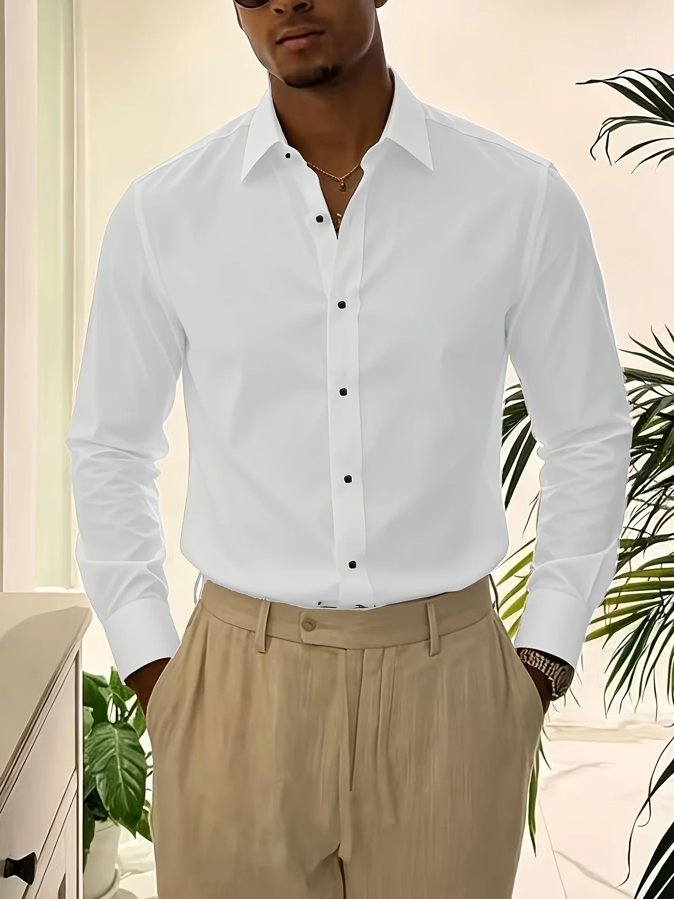 

Men's Fashionable Solid Color Shirt, Casual Breathable Lapel Long Sleeve Shirt for Top Business Events