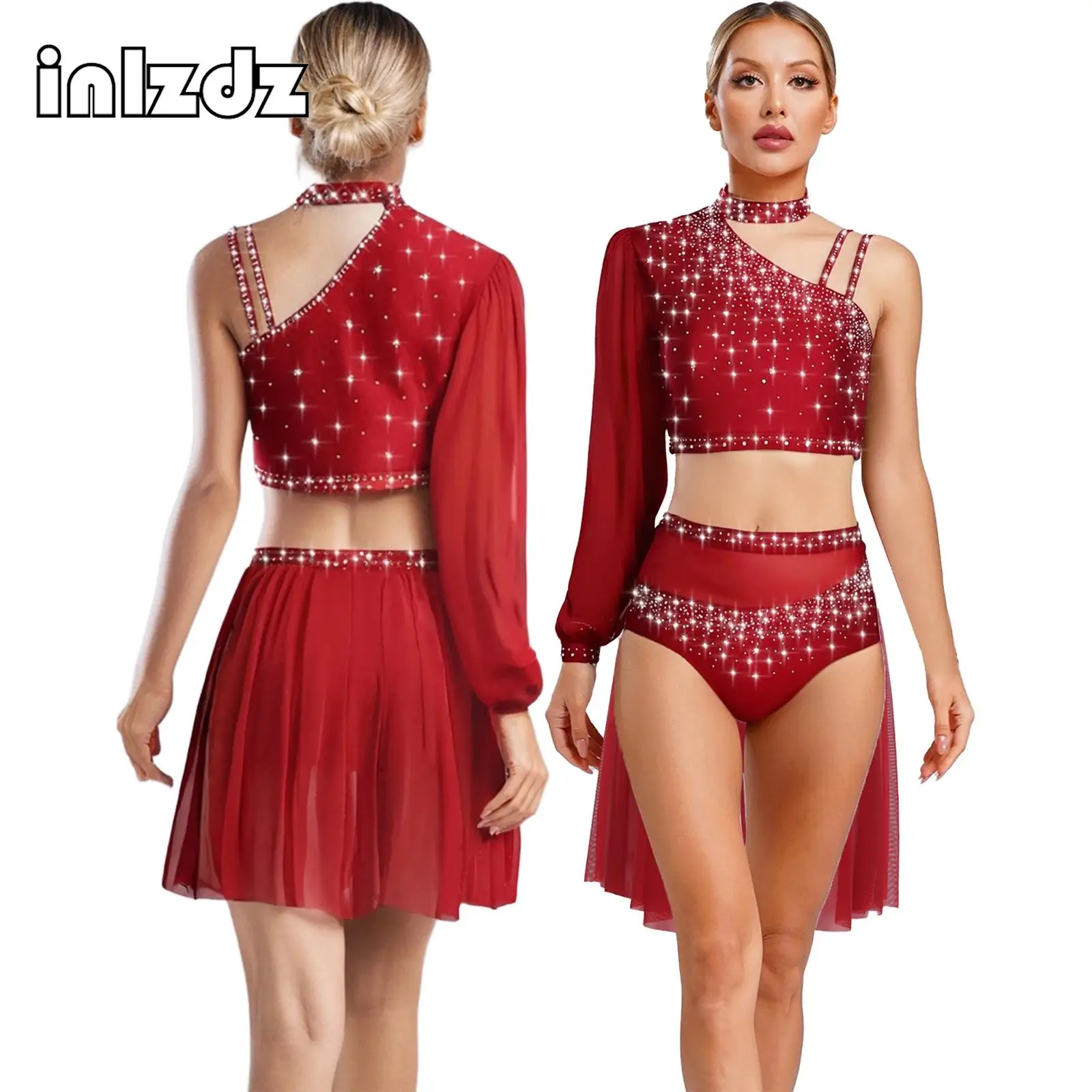 

Womens Lyrical Dance Outfit One Shoulder Rhinestone Mesh Crop Top+Skirt Set for Modern Contemporary Dance Performance Costumes