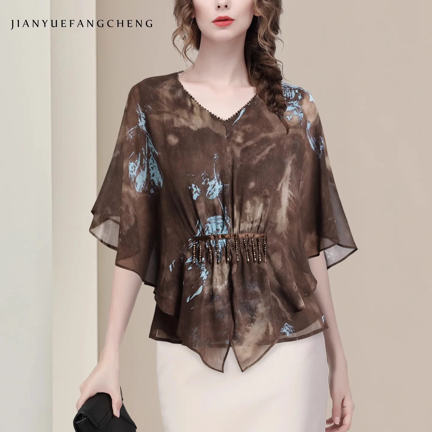

2025 Summer Lightweight Chiffon Top Women's Short Sleeve V-Neck Brown Printed Blouses With Tassel Loose Casual Shirts
