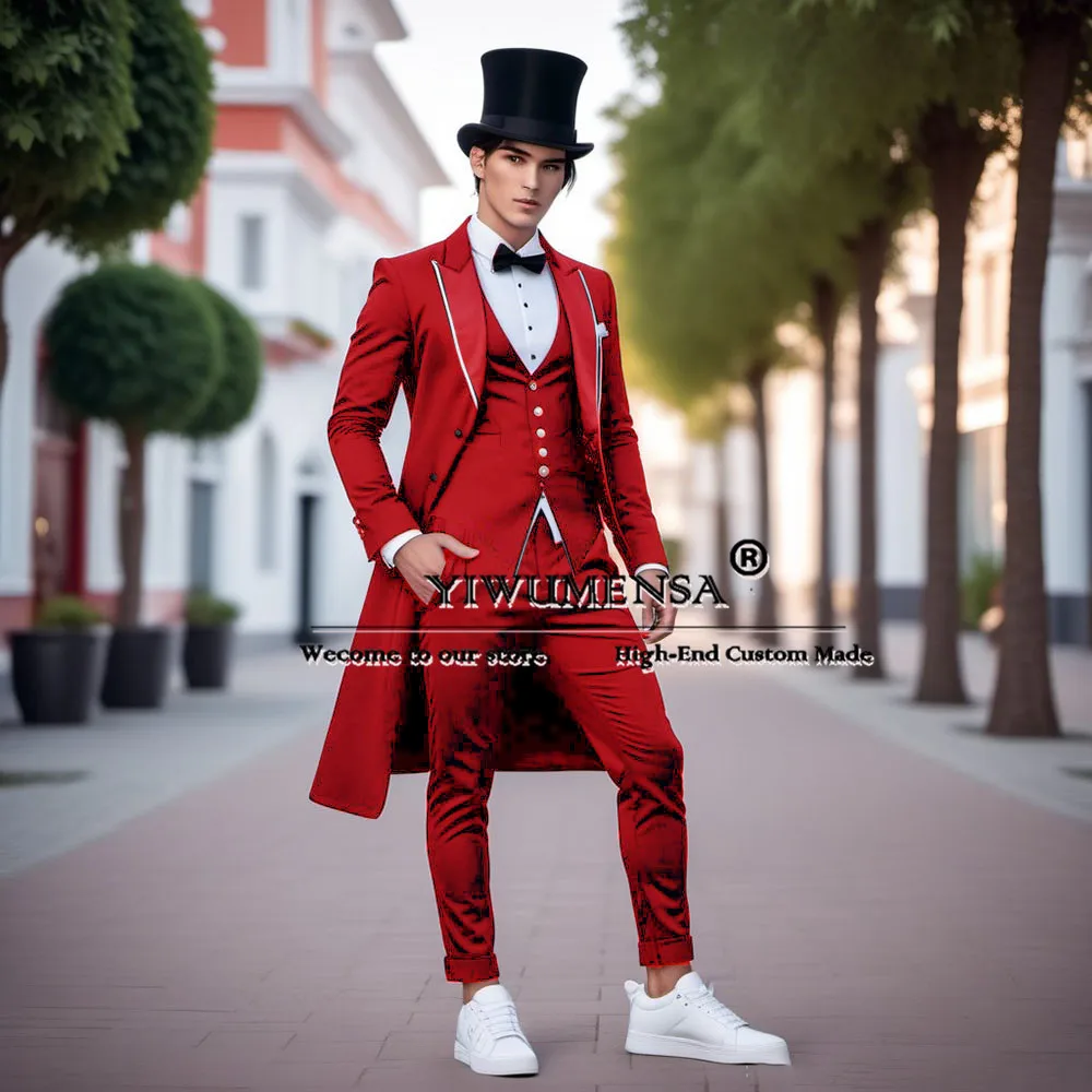 

Red Men's Suits For Wedding Single Breasted Blazer Long Bespoke Male Fashion Bridegroom Tuxedo Man Banquet Dinner Party Clothing