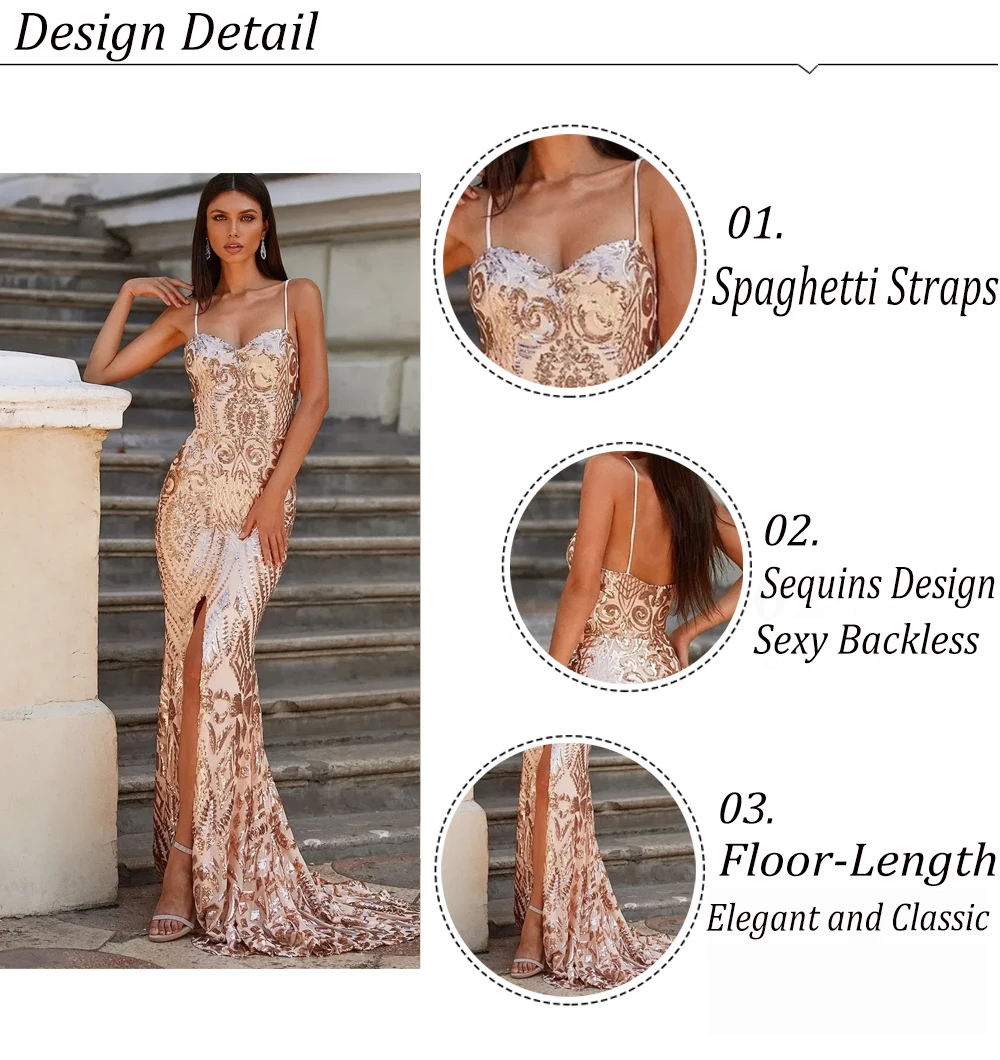 VITRCHP Spaghetti V-Neck Cocktail Dresses Sequin Homecoming Mermaid Backless Slim Fit Split Evening Dresses Sexy Prom Vestidos