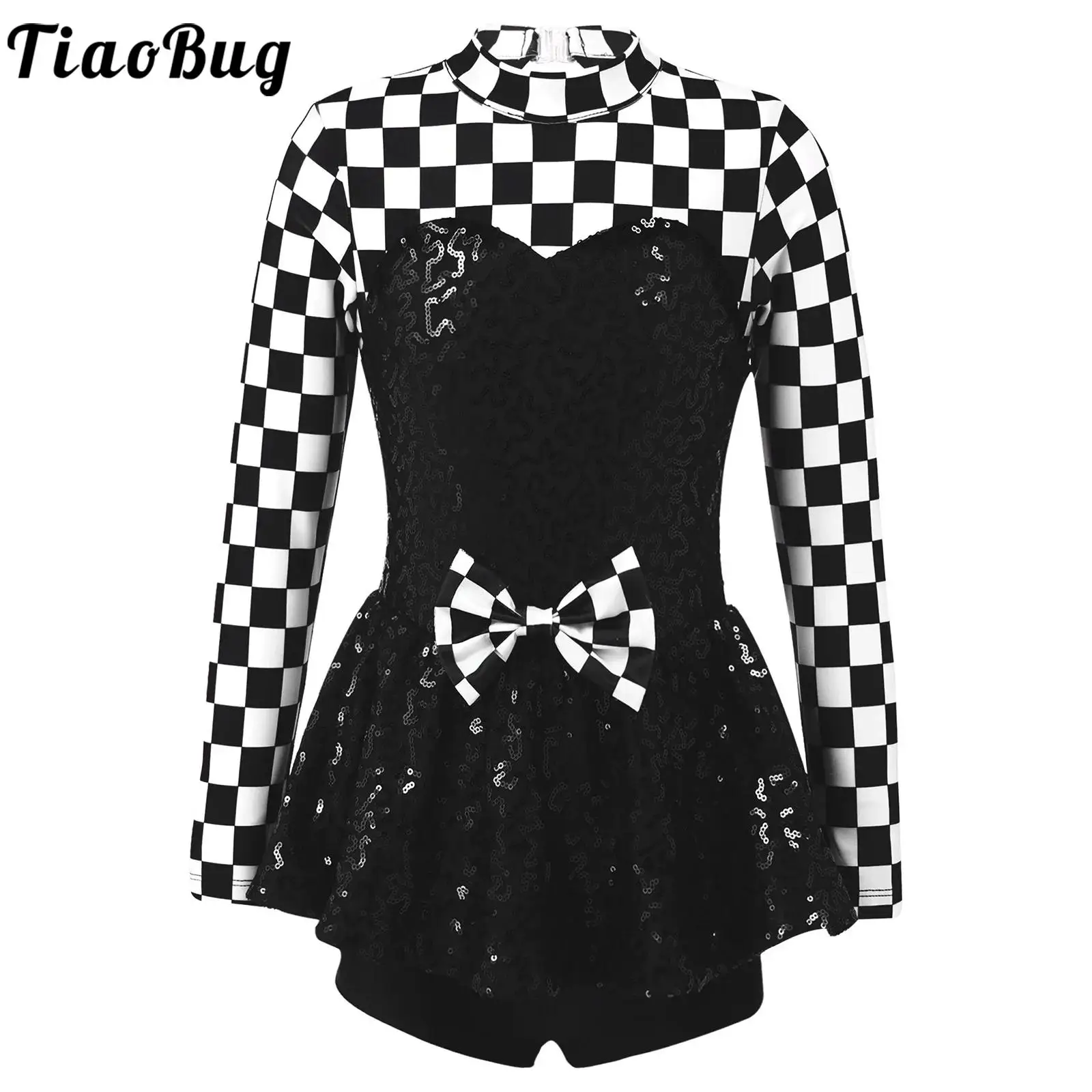 

Sequin Checker Print Modern Ballet Jazz Latin Dance Leotard Dress Kid Girls Halloween Skirted Shorty Unitard Dress Racer Costume