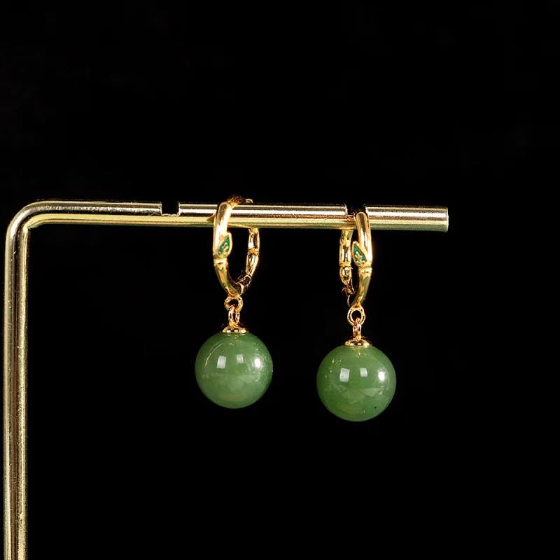 

S925 Sterling Silver Gold-Plated Natural Jasper Retro Simple Round Beads Women's Earrings