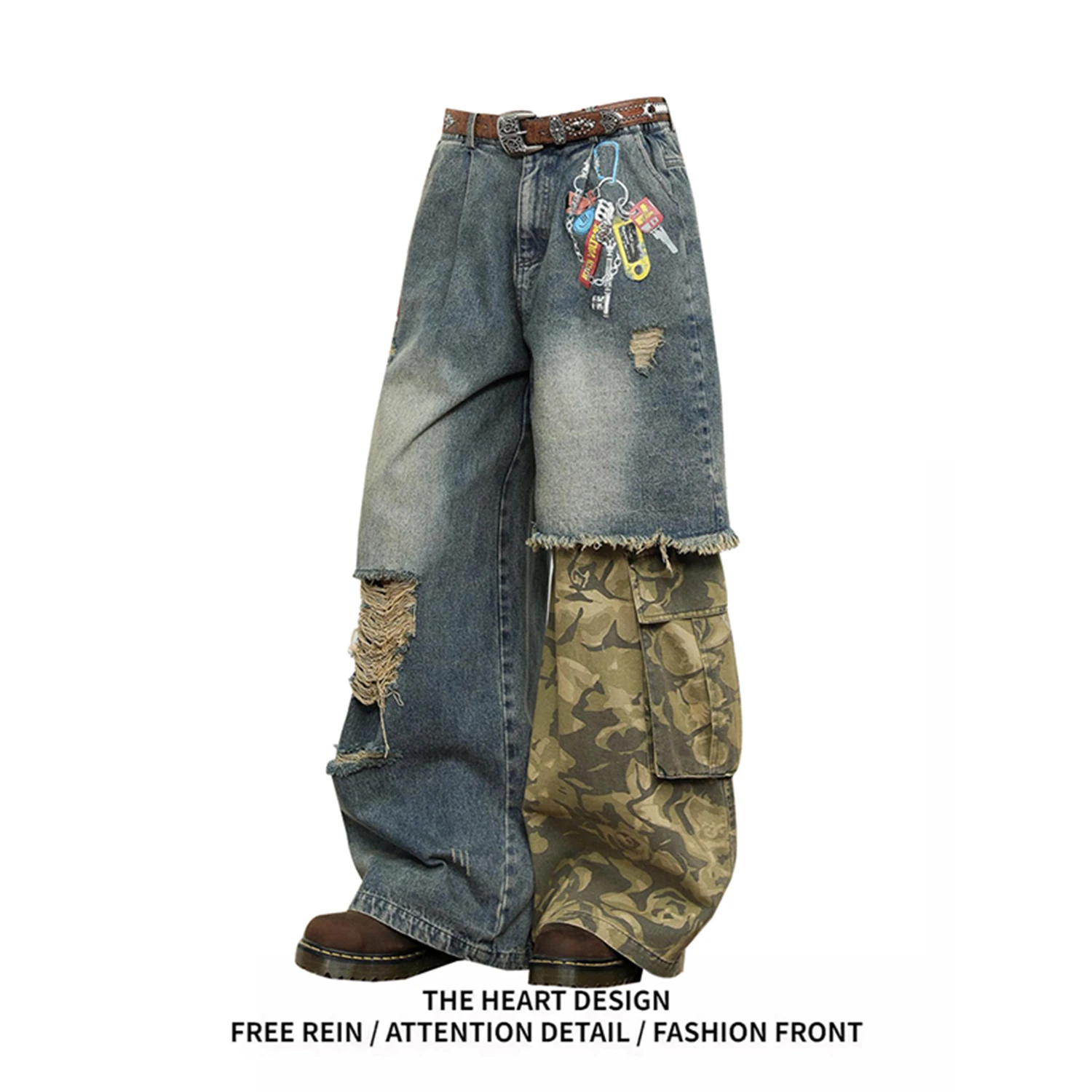 

Women's Y2K Distressed Patchwork Jeans Camouflage Cargo Pockets Key Print Baggy Wide Leg Streetwear Casual Denim Trousers