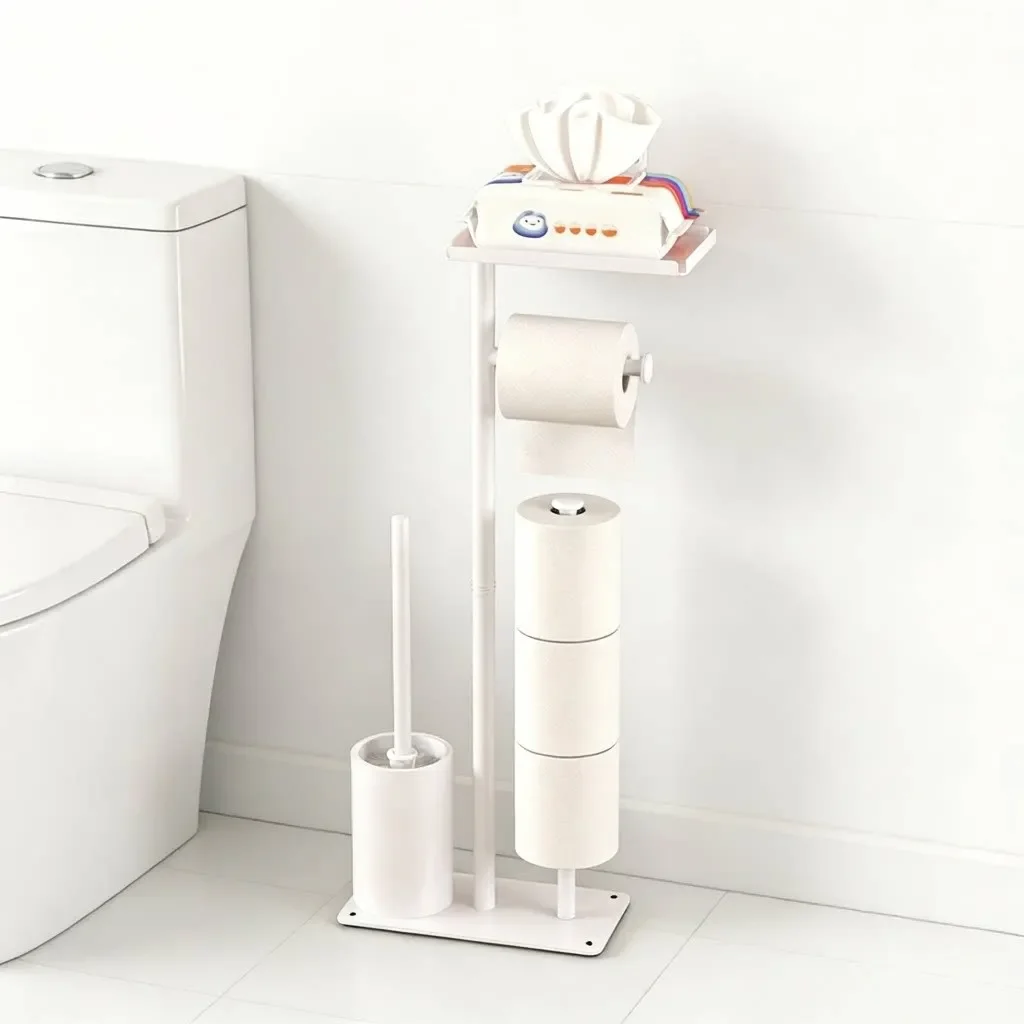 Floor Standing All In One Bathroom Tissue Station, Toilet Brush Holder with Top Shelf, No Drill Paper Organizer