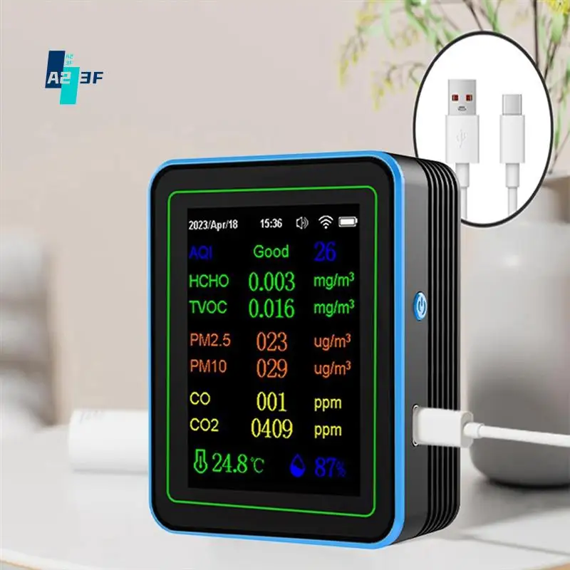 

A23F-Tuya Wi-Fi 12 в 1, монитор качества воздуха, многофункциональный PM2,5 AQI PM1O HCHO TVOC CO2, экранный дисплей Air