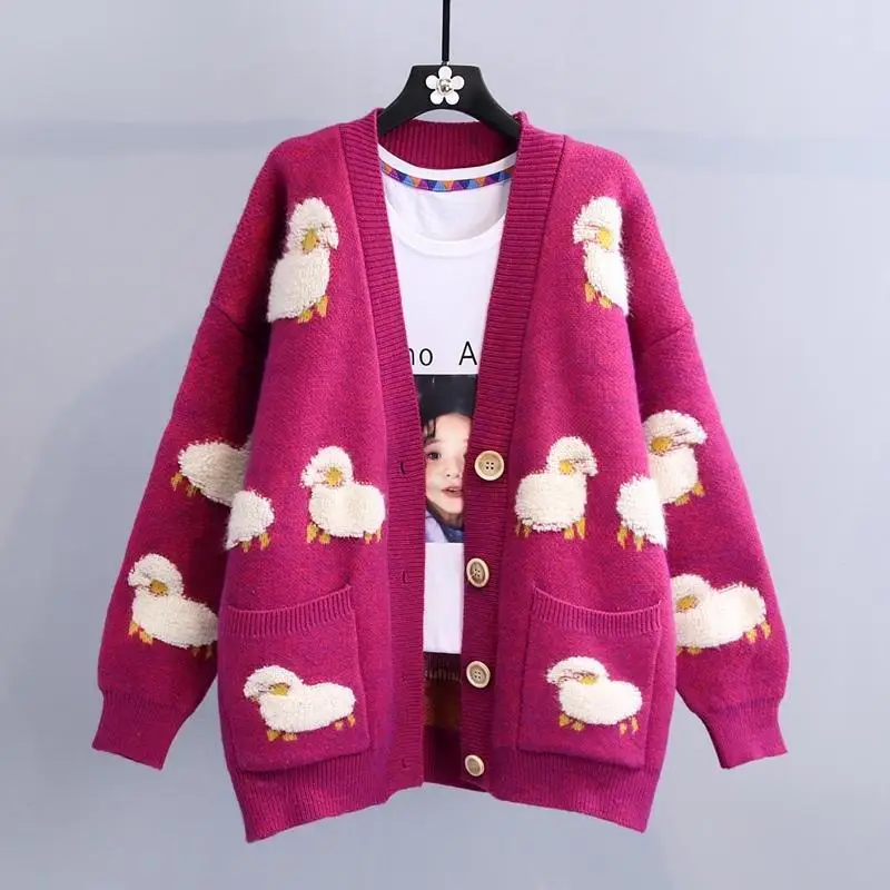 Cardigã de desenho feminino com contraste, blusa solta, suéter versátil, casaco de outono e inverno, querida, 2023