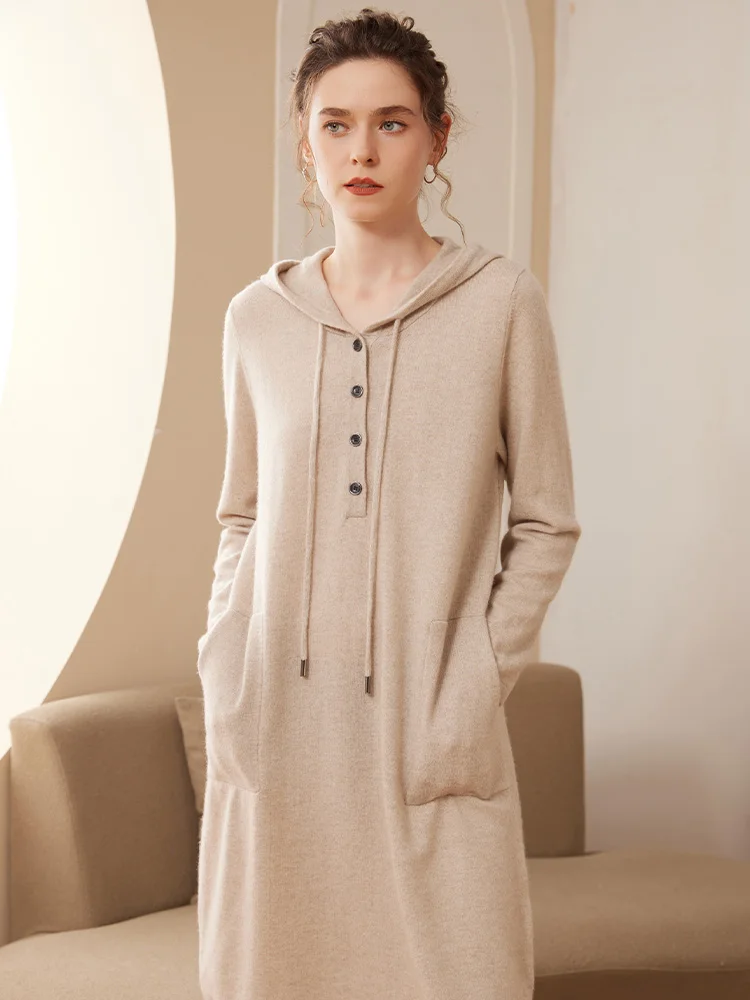 

Women's Casual 100% Pure Cashmere Shift Dress O-neck Hooded Mid-calf Pocket Autumn Winter Soild Loose Knitted Long Sleeve Dress