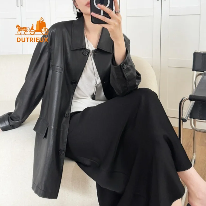 Giacca da donna in vera pelle di media lunghezza con risvolto autunno e inverno, vera pelle di pecora al 100%, cappotto versatile alla moda semplice e generoso