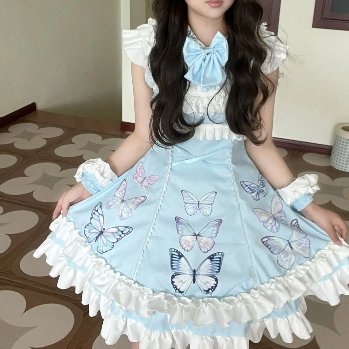 MAGOGO Original Japanese Lolita Blue Sweet JSK Dress Women Cute Bow Butterfly Printed Ruffles Sleeveless Kawaii Dress