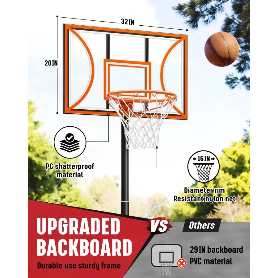 Баскетбольное кольцо с 32-дюймовым щитом, 39 футов, регулируемая высота, открытый бассейн, баскетбольные ворота, портативная баскетбольная площадка для дома