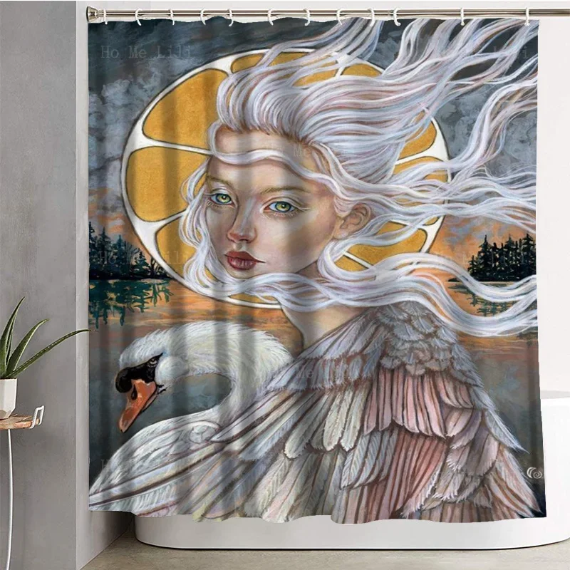 A Feathered Woman With White Hair Holds A Swan In Her Arms Shower Curtain By Ho Me Lili For Bathroom Decor