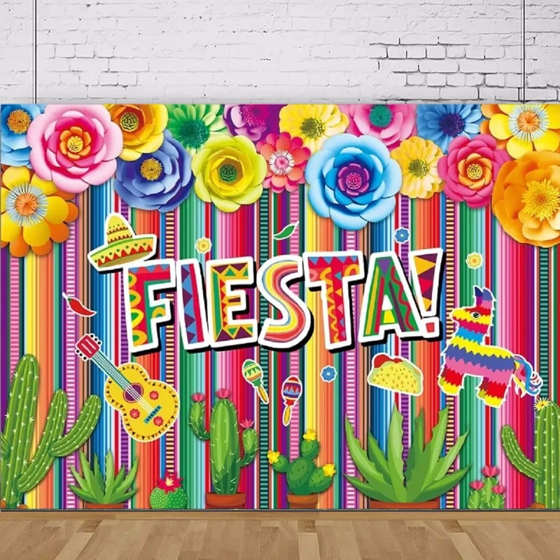 Mexican Fiesta Colorful Stripes Photography Backdrop Mexico Cinco de Mayo Paper Flower Cactus Portrait Shooting Background
