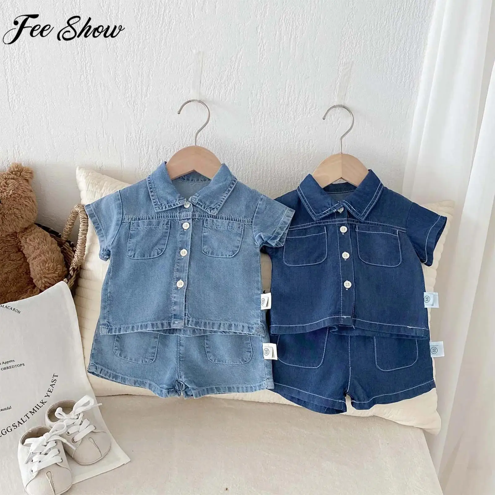 

Toddler Boys Summer Casual Denim Costume Set Short Sleeve Lapel Button-Up Jean Jacket with Shorts for Daily School Party Holiday