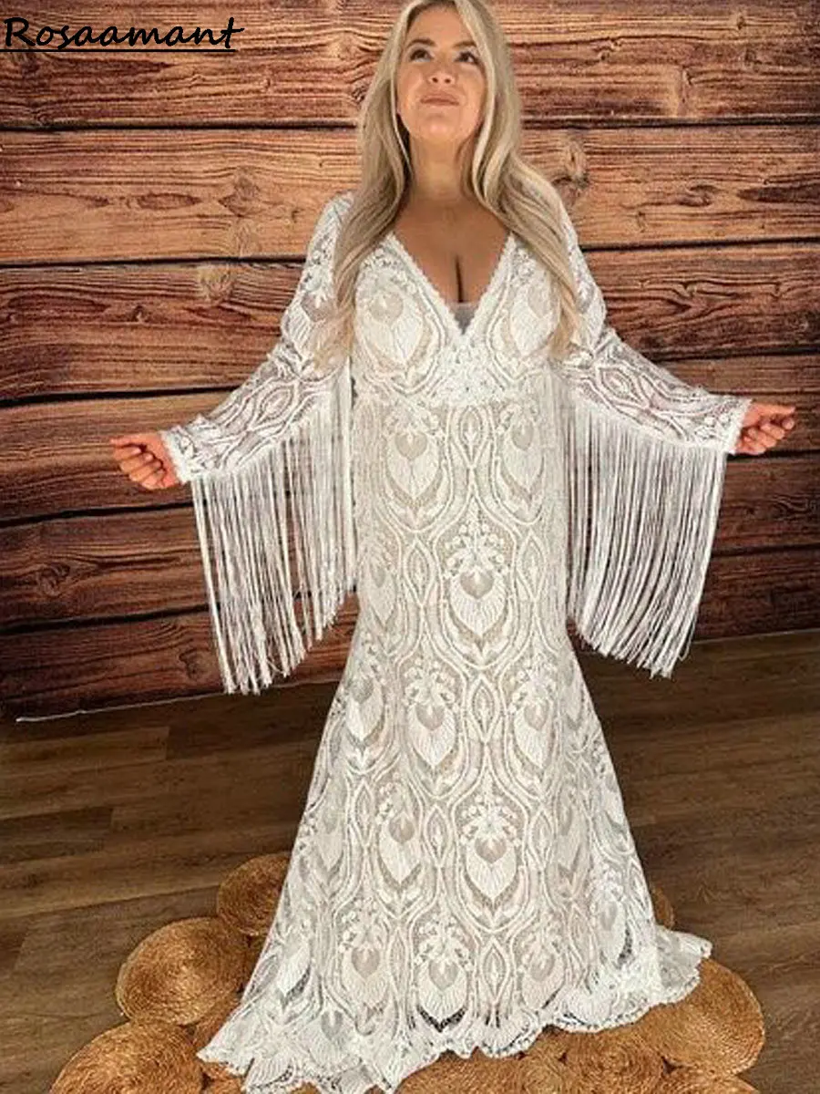 Bohemian V-Neck Lace Tassel Mermaid Wedding Dressees Long Sleeve Appliques Boho Country Bridal Gowns