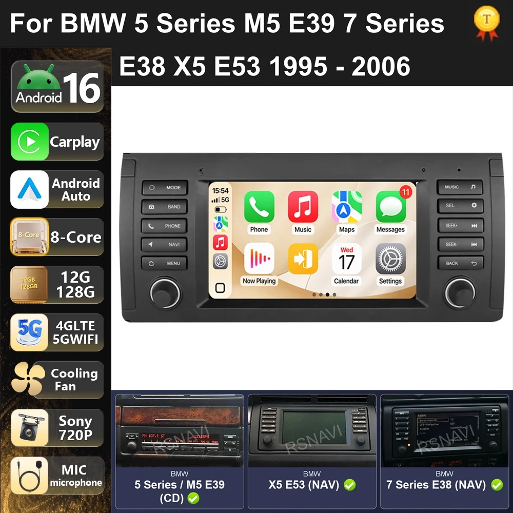 Car Radio Android 16 For BMW 5 Series M5 E39 7 Series E38 X5 E53 1995-2006 carplay auto dsp bt 4g