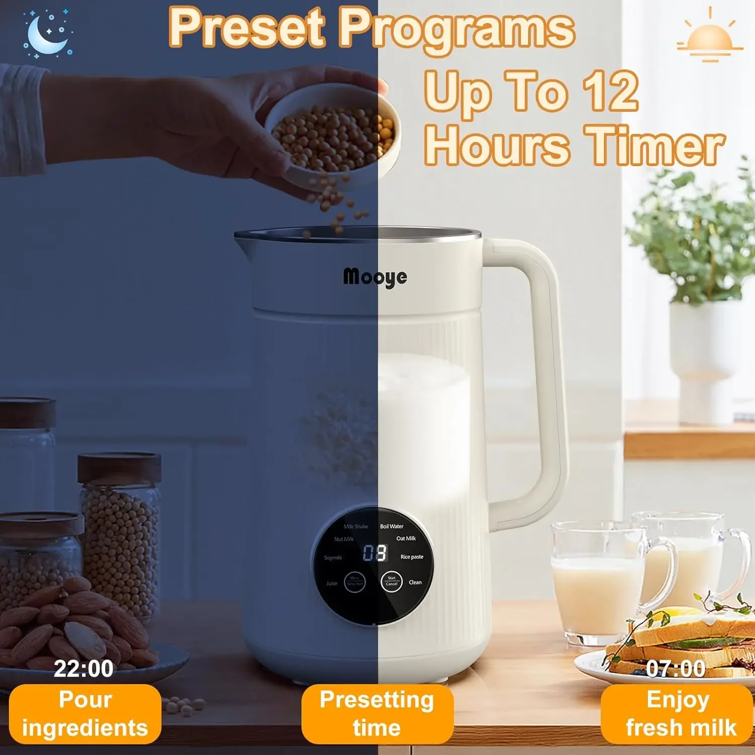 35oz Automatic Nut Milk Maker with Nut Milk Bag Homemade Almond, 10 Blades, Oat - Auto-operation, 12 Hours Timer, Easy Cleaning