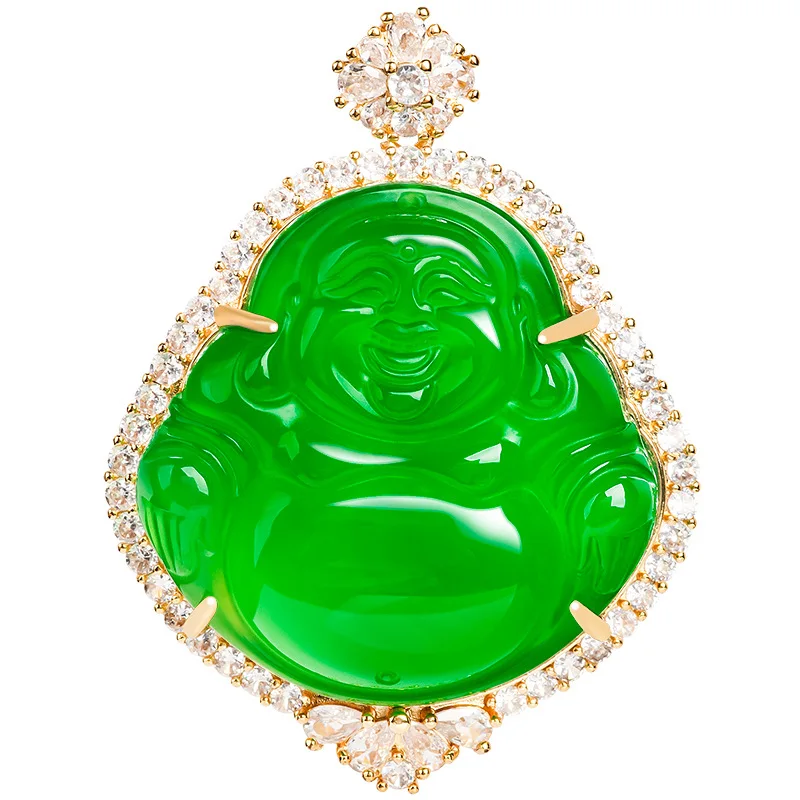 

Authentic Natural Green Agate Buddha Statue Copper Plated Gold Inlaid Pendant For Women's Charms Fashion Jewelry Drop Shipping