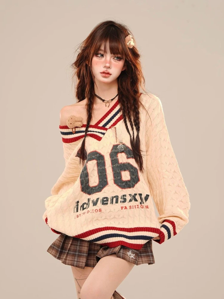 2000s American Vintage Knitted Sweater Women Casual Striped Long Sleeve Loose Korean Fashion Pullover Y2k Party Retro Clothing