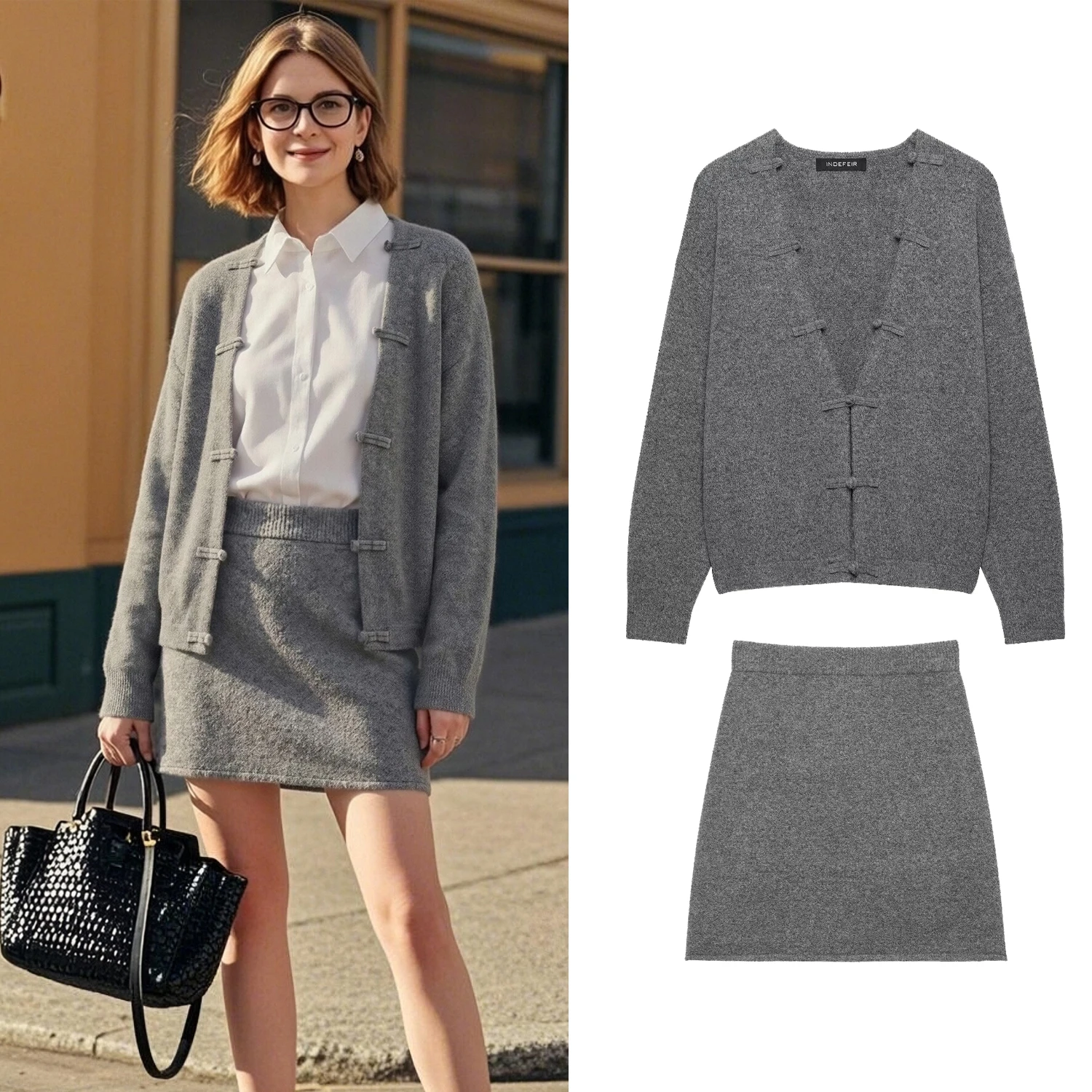 Longline Cardigan Knit - Grijze gebreide rokken set voor dames