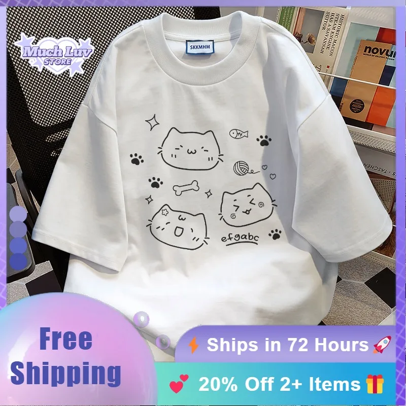 

Cartoon Cute Kitten Head Printed T-shirt White Grey Round Neck Women's T-shirt 100% Cotton Summer Kawaii Cute Casual Top