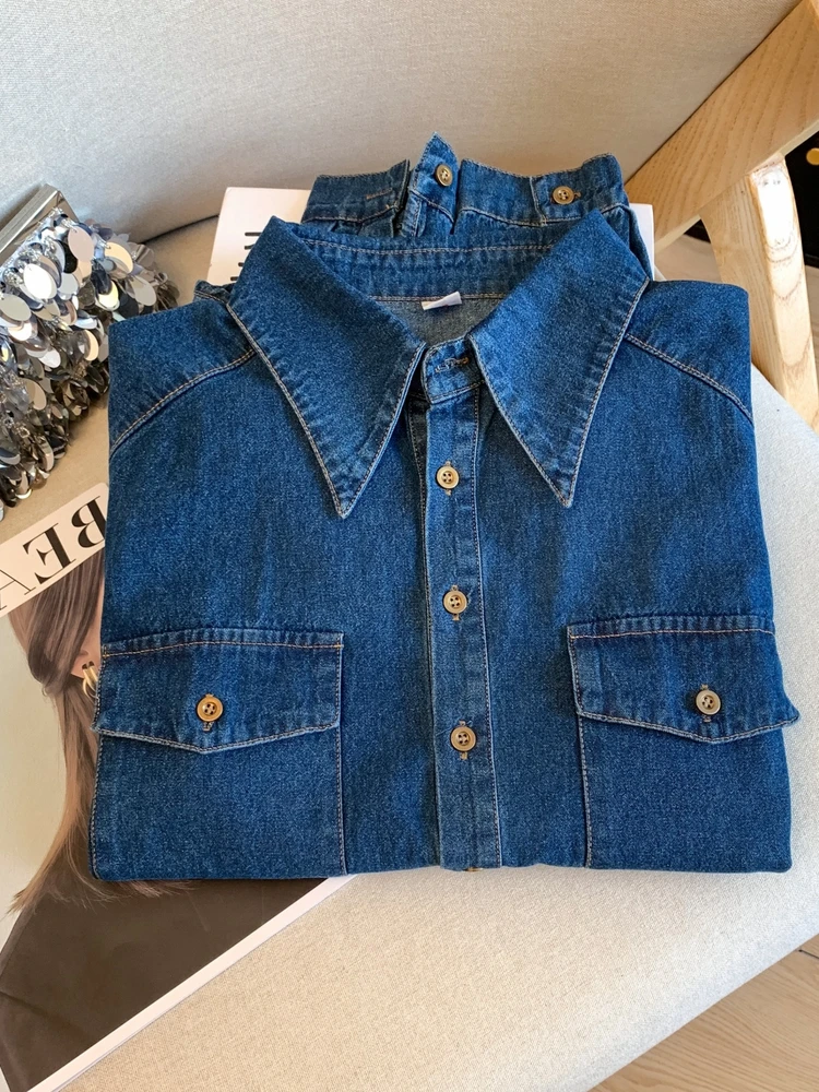 

Retro Denim irt Women's Long Sve Base Layer Top Trendy Autumn Winter Inner Wear Staable Boting Collar Button down