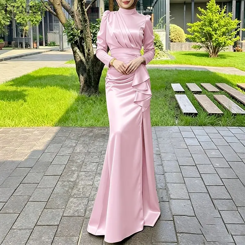 ZANZEA Dünnes Damenkleid Sommer Herbst Rüschenkleider Elegantes Langarm-Maxikleid in Uni-Farbe Übergroßes Urlaubskleid 3XL