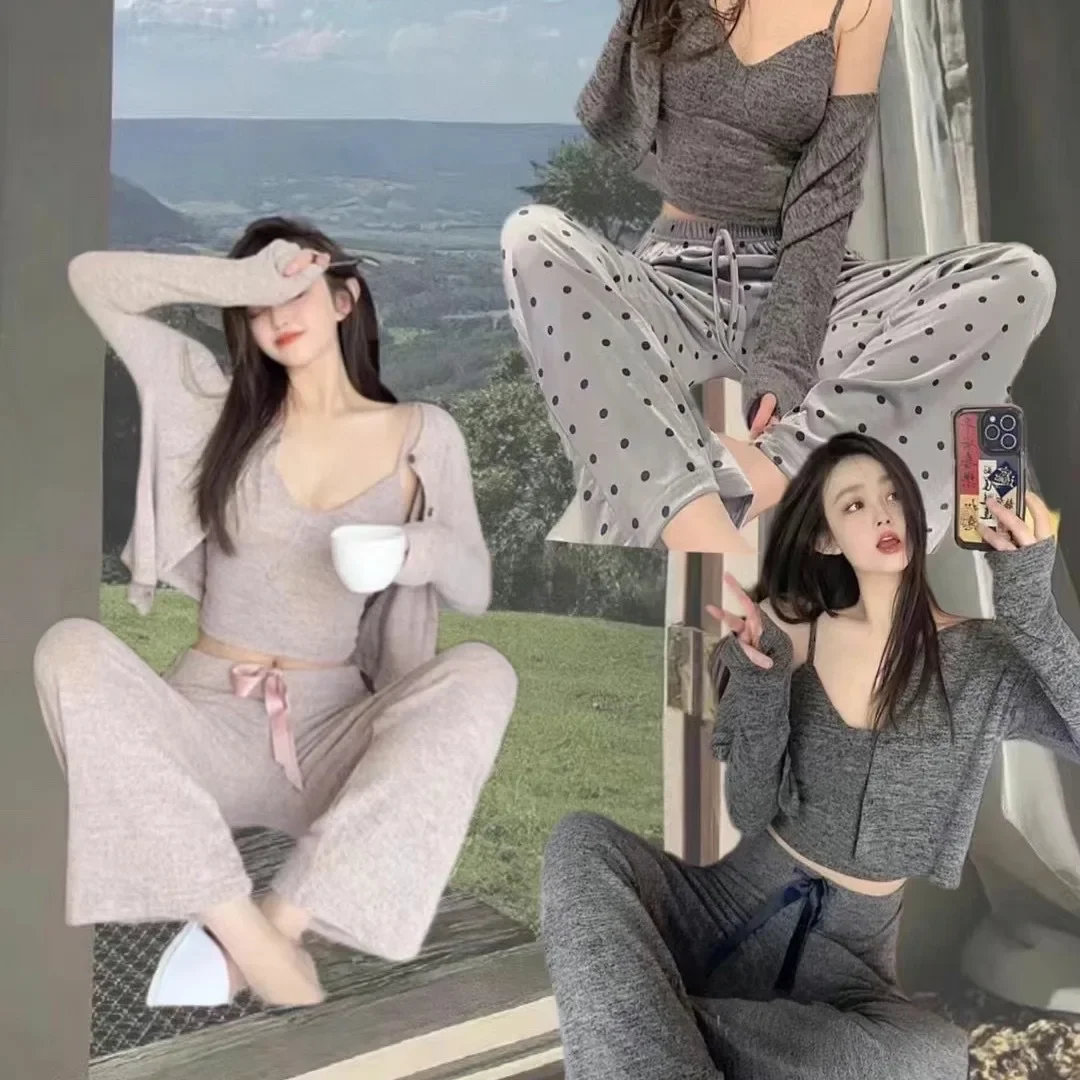 Camisole Long Sleeve Pants Floral Print Woman Satin Pajama Sets Ensembles 2 Piece Lady Outfit Lounge Women Pijama Sleepwear Pj